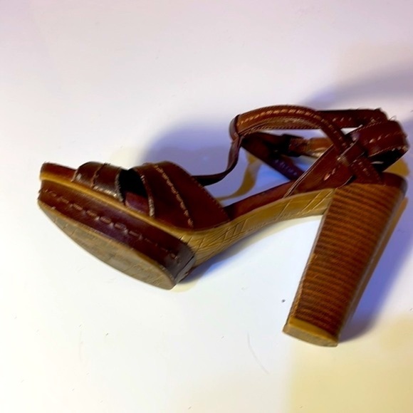 Kenneth COLE REACTION Leather & Wood Platform Block Heel Sandals Brown Size 9 - Picture 7 of 8